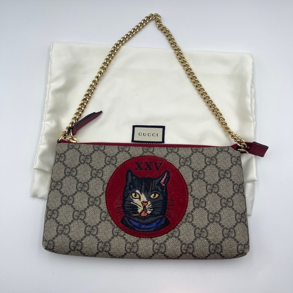 Gucci GG handbag Supreme Monogram Mystic Cat Embroidered Chain Wrist Wallet Red - Picture 1 of 16